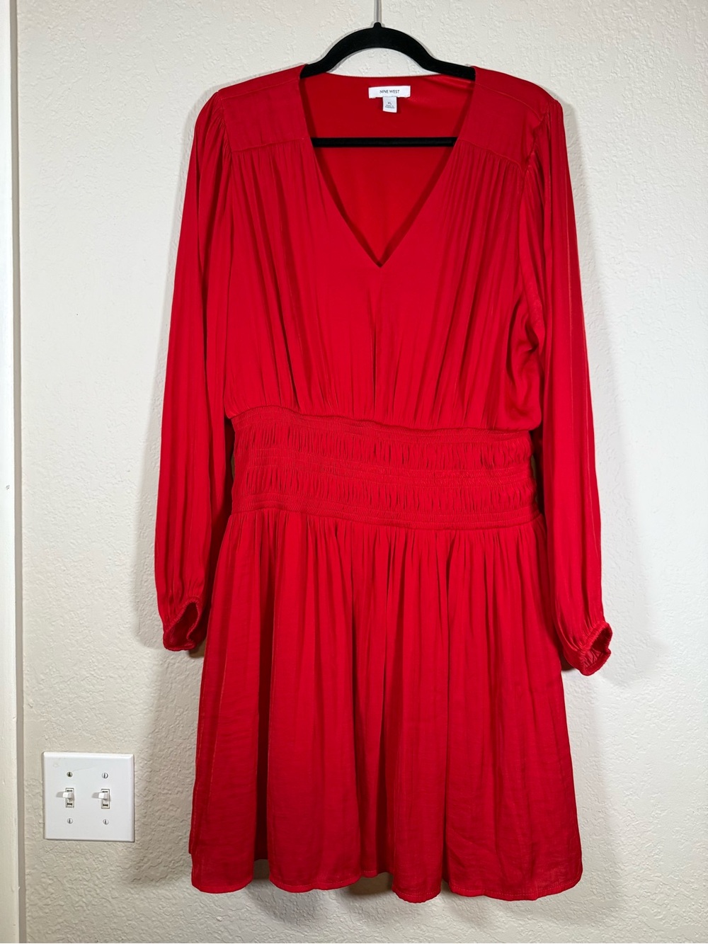 Nine West Bright Red V Neck Smocked Waist Mini Dress Womens XL